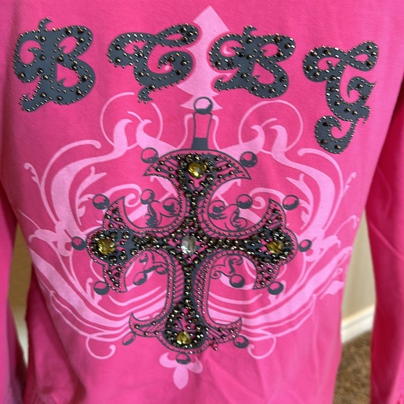 Women’s BCBG pink jacket with hoodie, cross/embellishments, size L - Picture 2 of 14